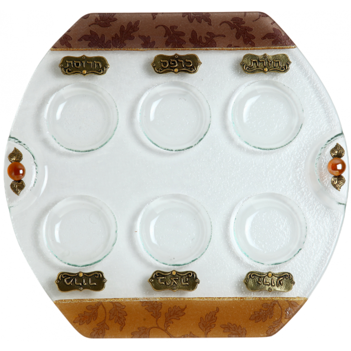 Glass Seder Plate with Autumn Colours and Leaves