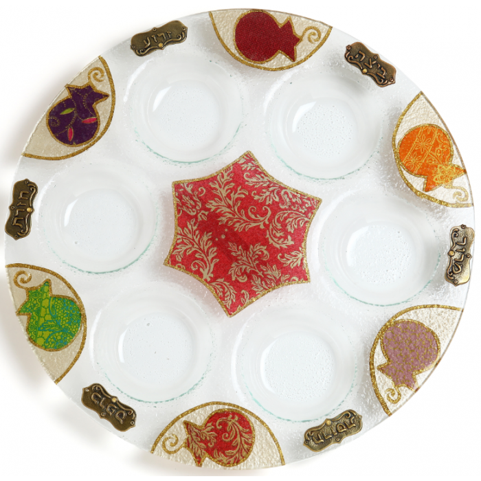Glass Seder Plate with Pomegranates, Star of David and Metal Plaques