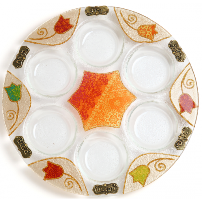 Glass Seder Plate with Flowers, Star of David and Green Meal Plaques