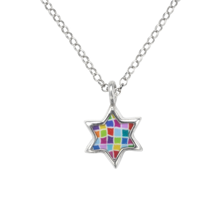 Multicolored Squares in Star of David Pendant with Circle Chain Necklace
