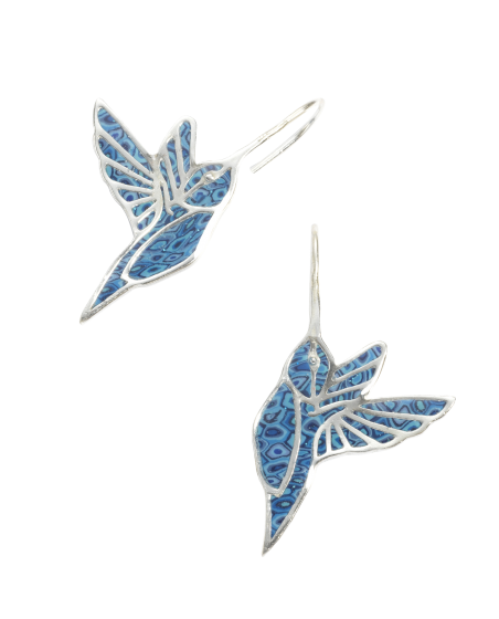 Hook Earrings with Mosaic Blue Hummingbird
