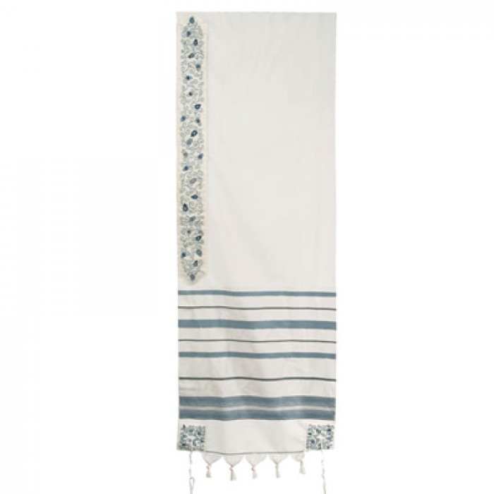 Yair Emanuel Wool Tallis with Stripes and Design of Slate Blue
