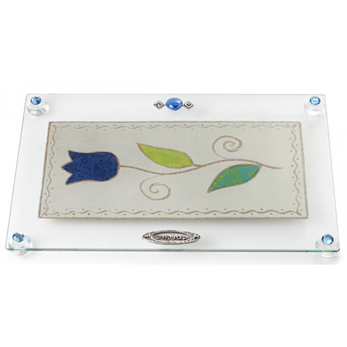 Glass Challah Board with Single Blue Flower