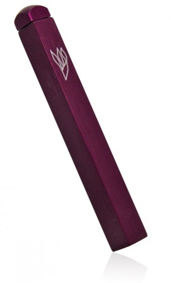 Purple Metal Mezuzah with Diamond Shape and Etched Hebrew Letter Shin