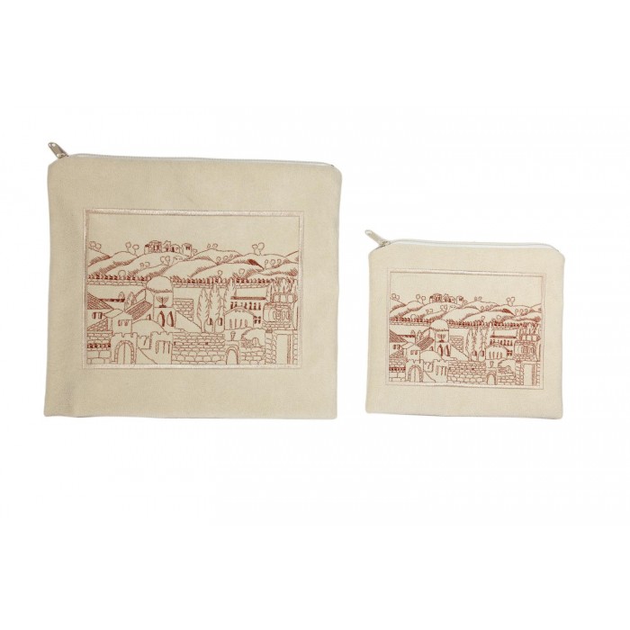 Off-White Tallit and Tefillin Bags with Red City of David Embroidery