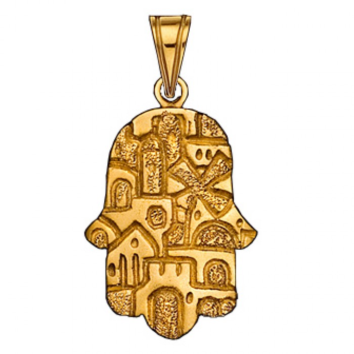 14k Yellow Gold Hamsa Pendant with Stylized Jerusalem and Landmarks