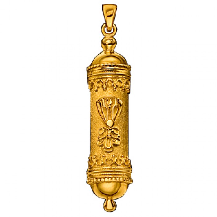 14k Yellow Gold Mezuzah Pendant with Shin and Floral Pattern