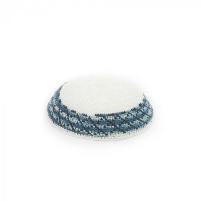 15 Centimetre Tightly-Knitted Kippah in White with Detailed Blue Border Design