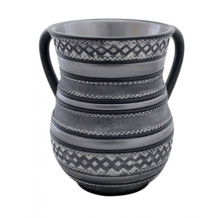 Grey Polyresin Washing Cup with Silver and Grey Stripes and Geometric Shapes