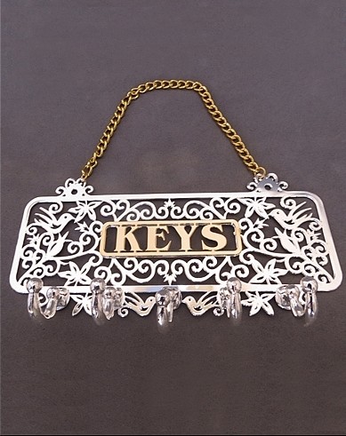 Sterling Silver Rectangular Key Holder with Flowers and Doves, English Text