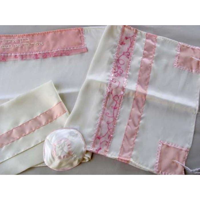 White Women’s Tallit with Pink Stripes and Swirling Stitching by Galilee Silks
