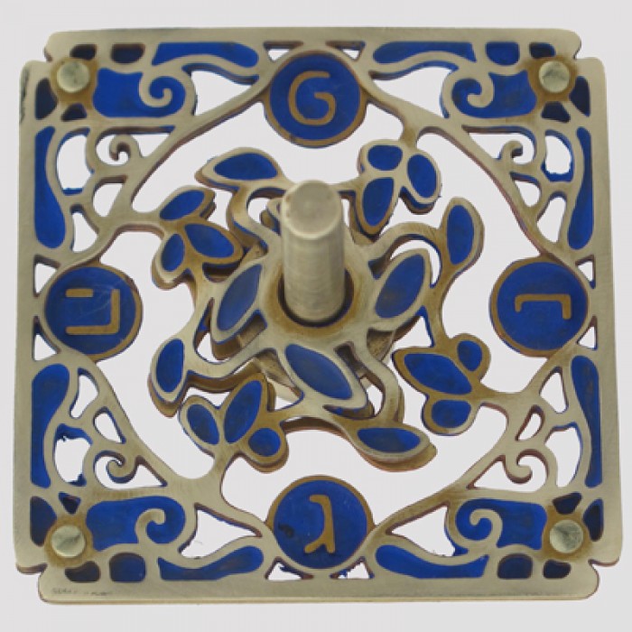 Square Brass Dreidel with Dark Blue Ivy Design and Hebrew Text