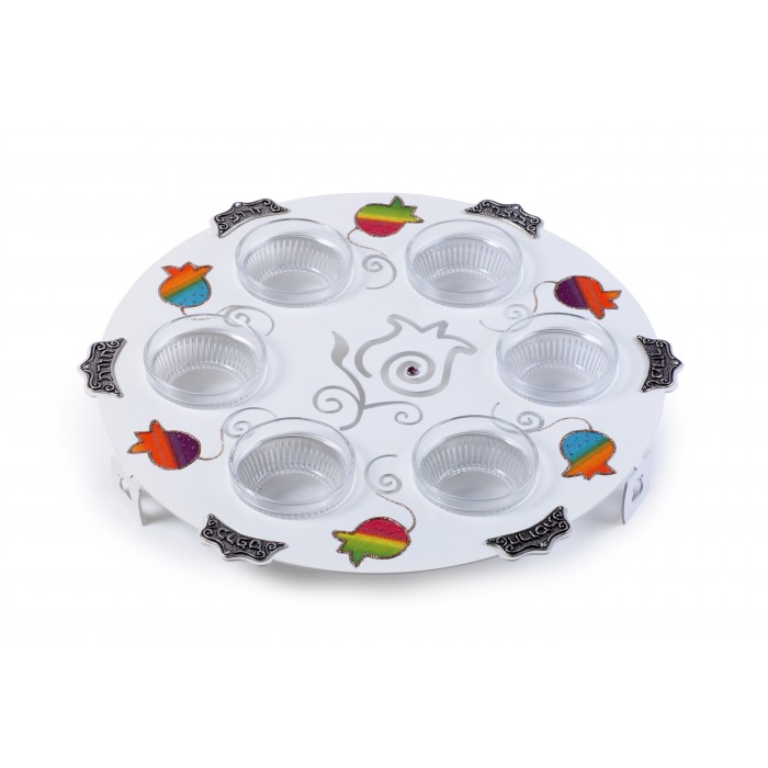 Stainless Steel Seder Plate with Rainbow Pomegranates 