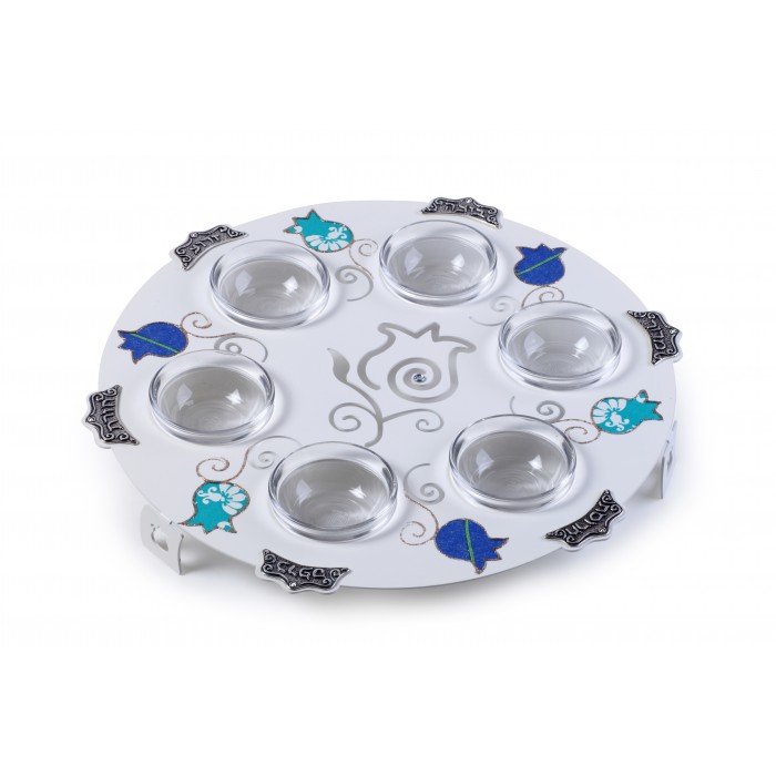Stainless Steel Seder Plate with Blue Pomegranates and Floral Pattern