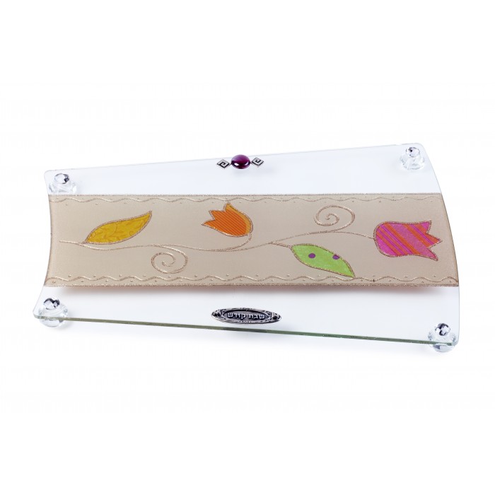 Glass Challah Board with Trapezoid Shape, Flowers and Hebrew Text