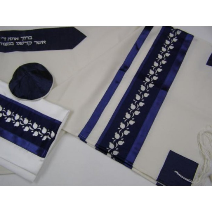 White Tallit with Blue & White Pomegranates by Galilee Silks