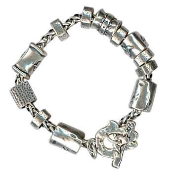 Silver Bracelet with Decorated Tubes and Hamsa Toggle Clasp
