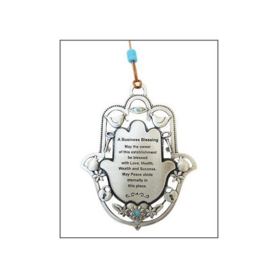 Hamsa Wall Hanging with Business Blessing in English and Good Luck Symbols