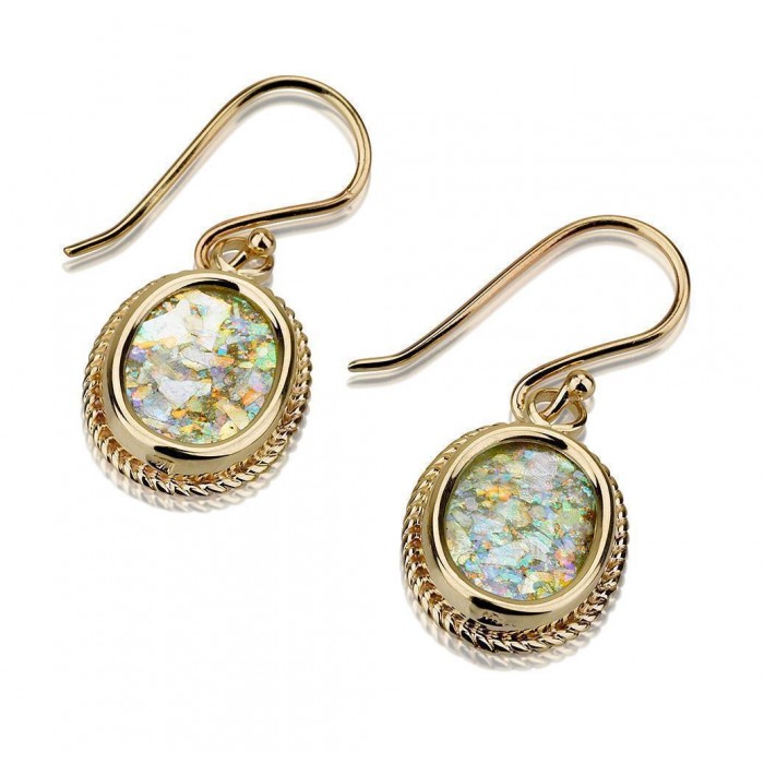 Earrings with Braided Cord and Roman Glass in 14k Yellow Gold