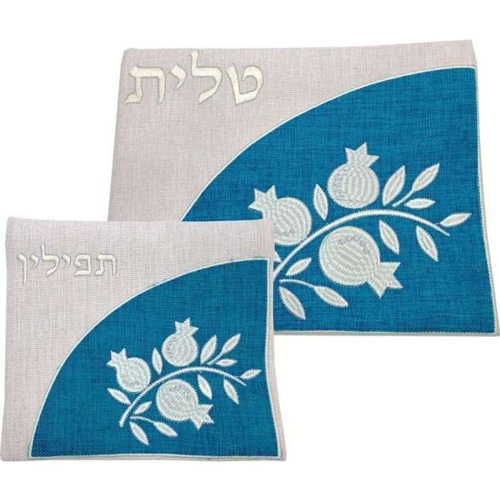 Tallit and Tefillin Bag Set in Linen with Pomegranates