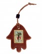 Small Brown Ceramic Hamsa with Palm Tree and Hanging Cord