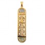 14k Yellow Gold Mezuzah Pendant with Roman Glass Accents and Scrolling Lines