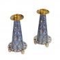 Brass Shabbat Candlesticks with Blue Diamonds and Scrolling Lines